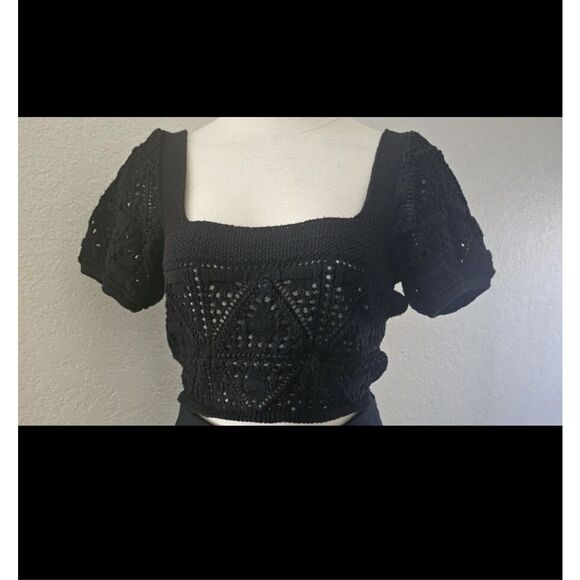 Zara Crochet Granny Square Neck puff sleeves cropped knit top boho y2k Sz M - Picture 8 of 8